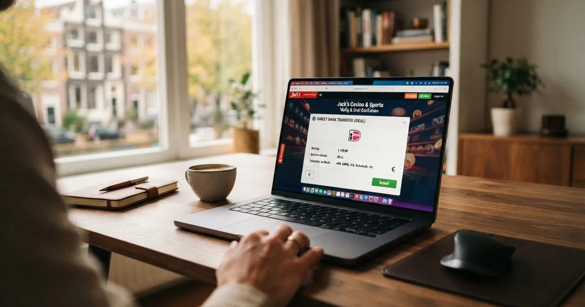 Een laptopscherm met een open online casino-kassa waarop Trustly als betaalmethode is geselecteerd, met het logo van een Nederlandse bank zichtbaar in de overlay.