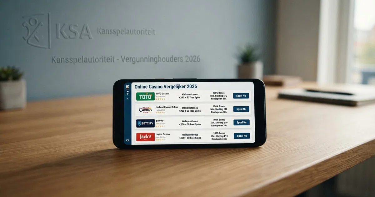 Een rij KSA-gelicentieerde online casino's met hun welkomstbonus en Visa-logo's op een overzichtelijke vergelijkingspagina
