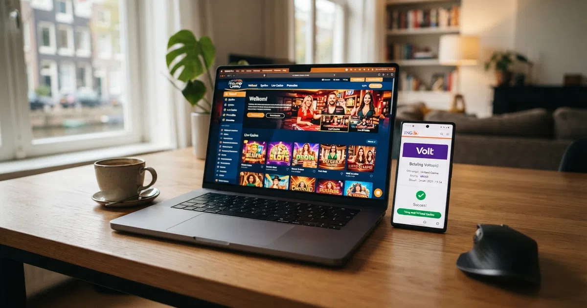 Een laptop met een online casino op het scherm en een smartphone ernaast waarop een Volt-betaalbevestiging in een bank-app zichtbaar is