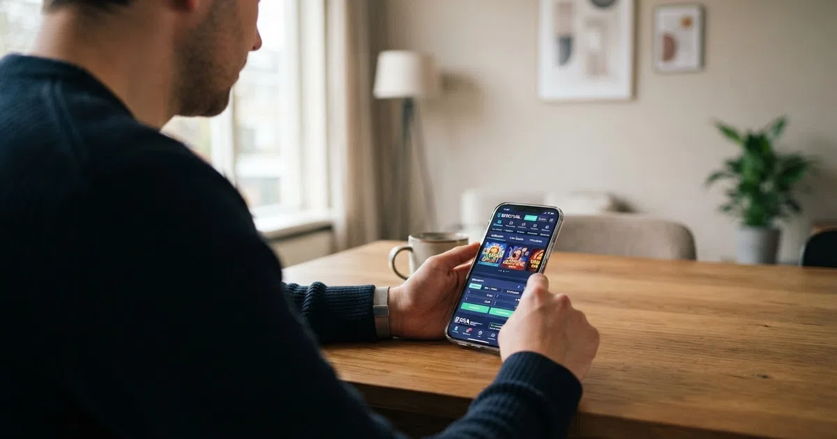 Een Nederlandse speler kijkt op zijn telefoon naar een online casino-homepage met iDEAL-logo, slot-tegels en een KSA-keurmerk