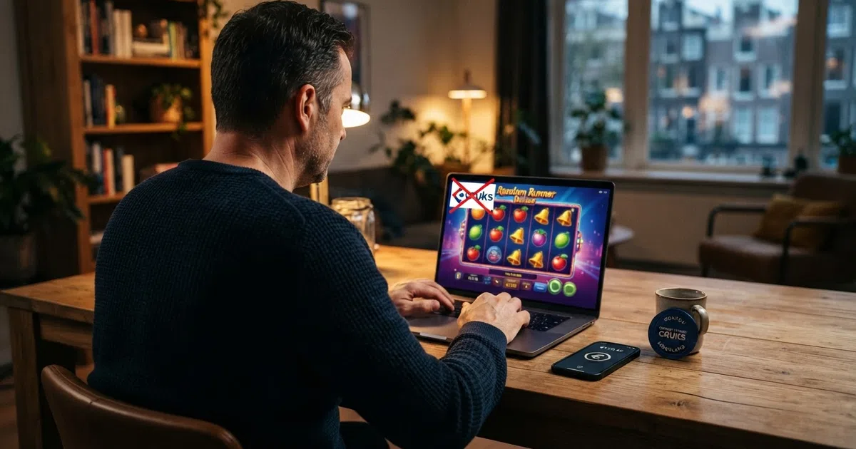 Een Nederlandse speler die op een laptop een online casino bezoekt, met een slot op het scherm en een geblokkeerd Cruks-symbool ernaast