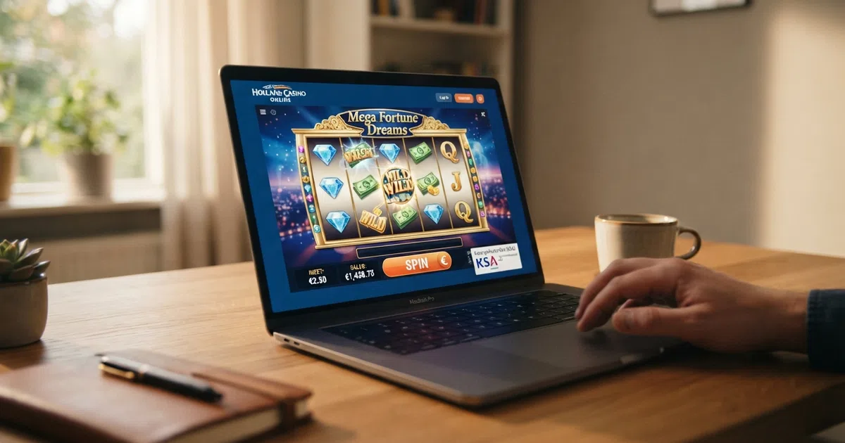 Een online casino-interface op een laptopscherm met het KSA-keurmerk zichtbaar, een iDEAL-betaalscherm en een gokkast op de achtergrond.