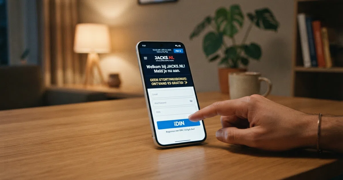 Een Nederlands online casino registratiescherm met de tekst “no deposit bonus” naast de iDIN-verificatieknop