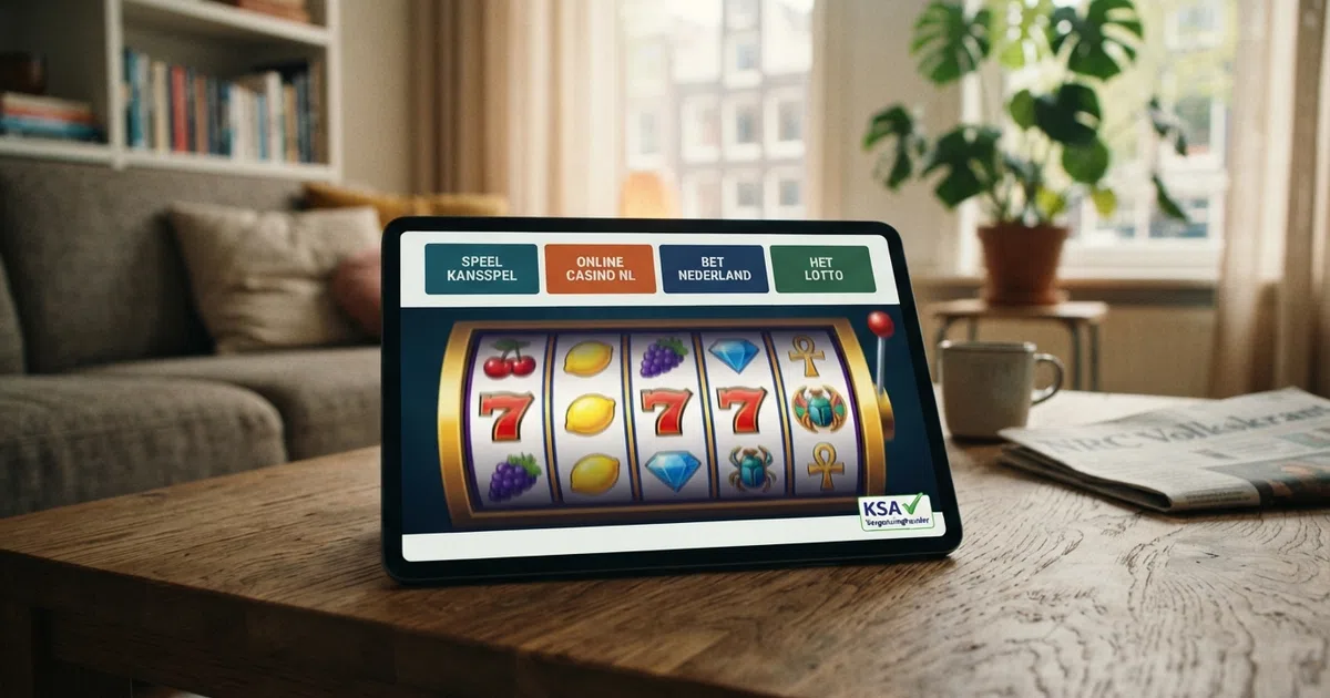 Een overzichtelijke rij van Nederlandse online casino-logo's op een scherm, met daaronder gokkasten in actie — felle kleuren, draaiende rollen en een zichtbaar KSA-keurmerk