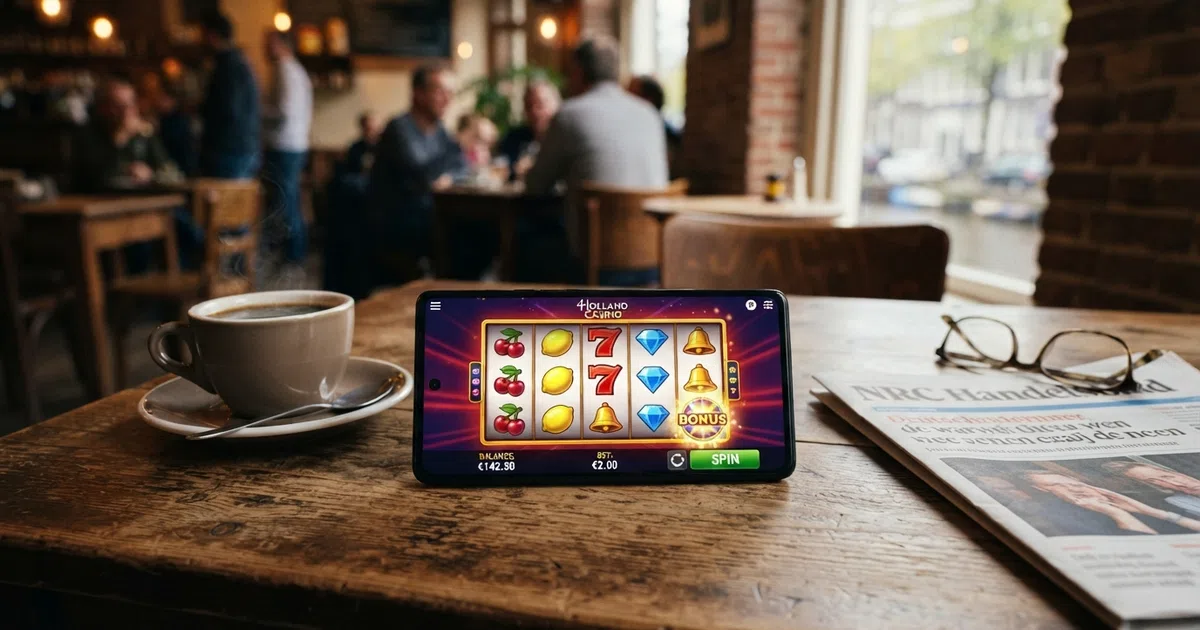 Een rij kleurrijke online gokkasten op een smartphonescherm, met helder verlichte rollen en fruitsymbolen