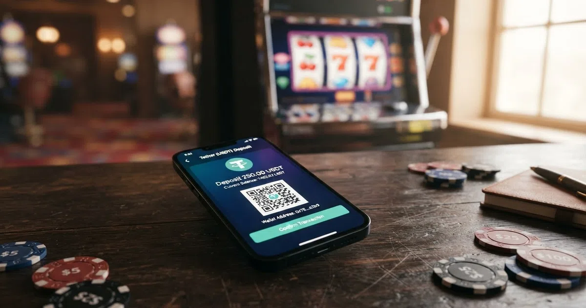 Een online casino-interface met een USDT-stortingsscherm op de voorgrond, cryptovaluta-symbolen rondom en een gokkast op de achtergrond