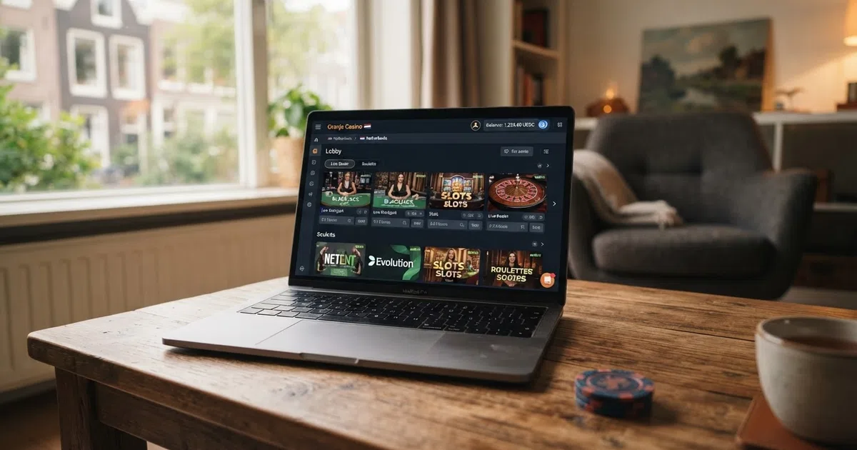 USDC stablecoin-logo naast een casino-lobby op een laptopscreen, met wallet-tegoed in dollars zichtbaar