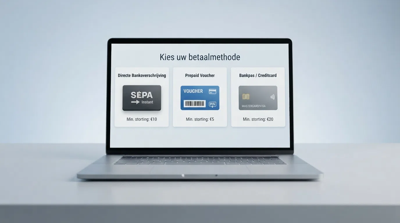 Een overzicht van betaalmethoden op een scherm — iDEAL, paysafecard en een bankpas — met daaronder de minimale stortingsbedragen per methode