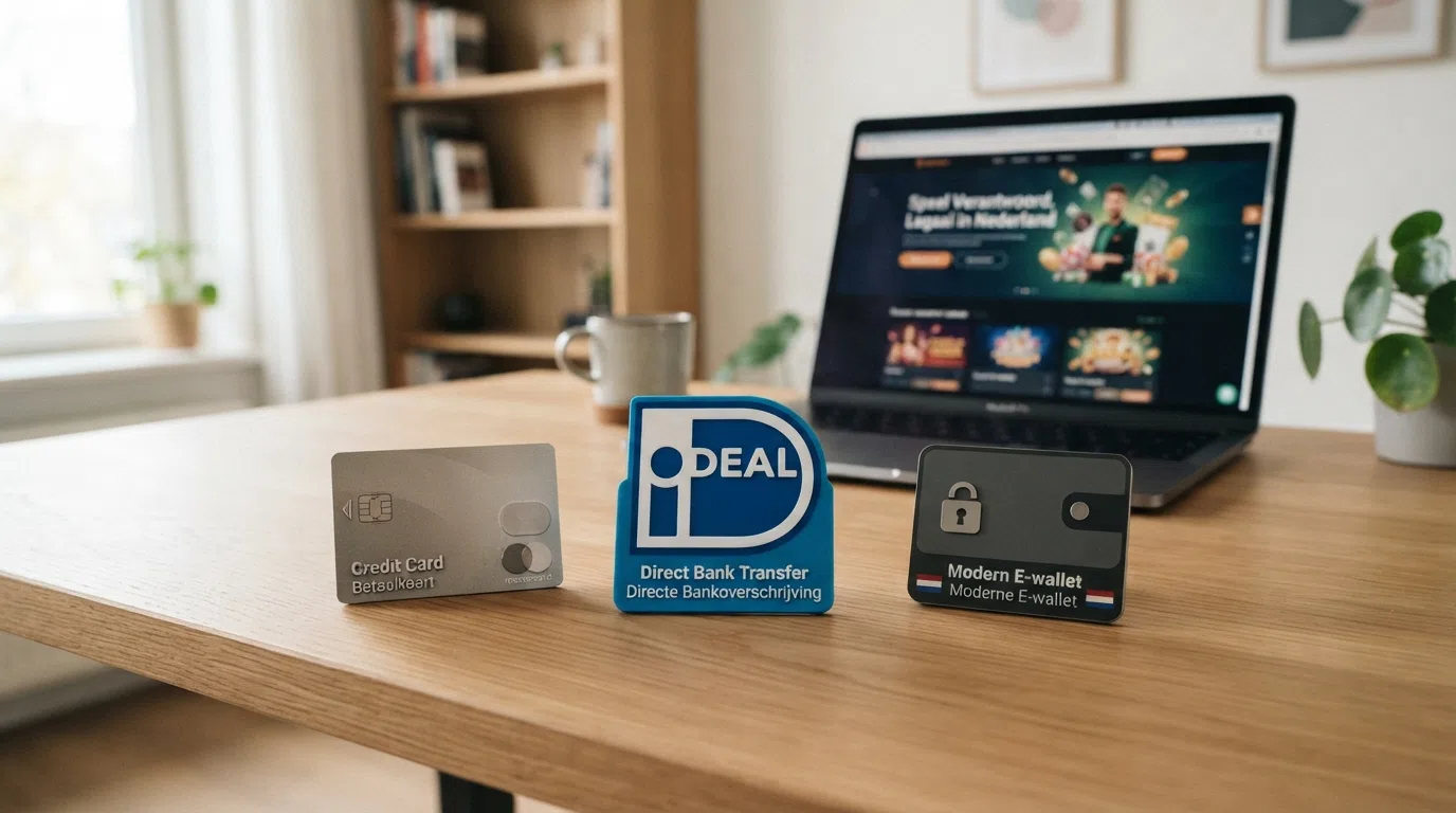 Een overzichtelijke rij van drie betaaliconen — iDEAL, Trustly en creditcard — in een Nederlandse online casino-omgeving