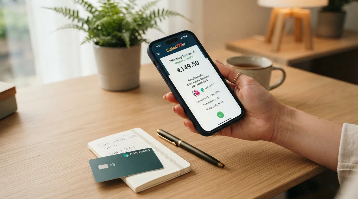 Een close-up van een smartphone met daarop de betaalopties iDEAL, bankoverschrijving en een open-banking-icoon bij een online casino.