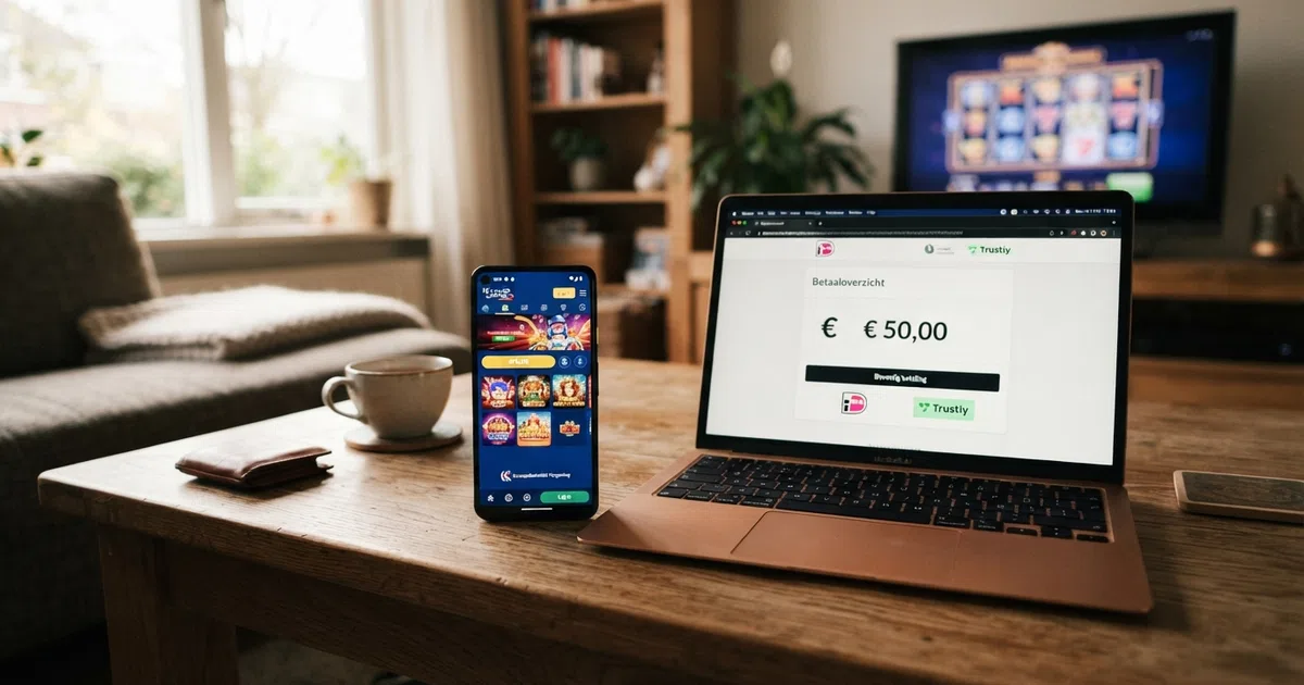 Een casino-interface op een laptopscreen met daarnaast een smartphone die een Nederlandse iDEAL-betaalpagina toont, met op de achtergrond een schematisch slot-scherm