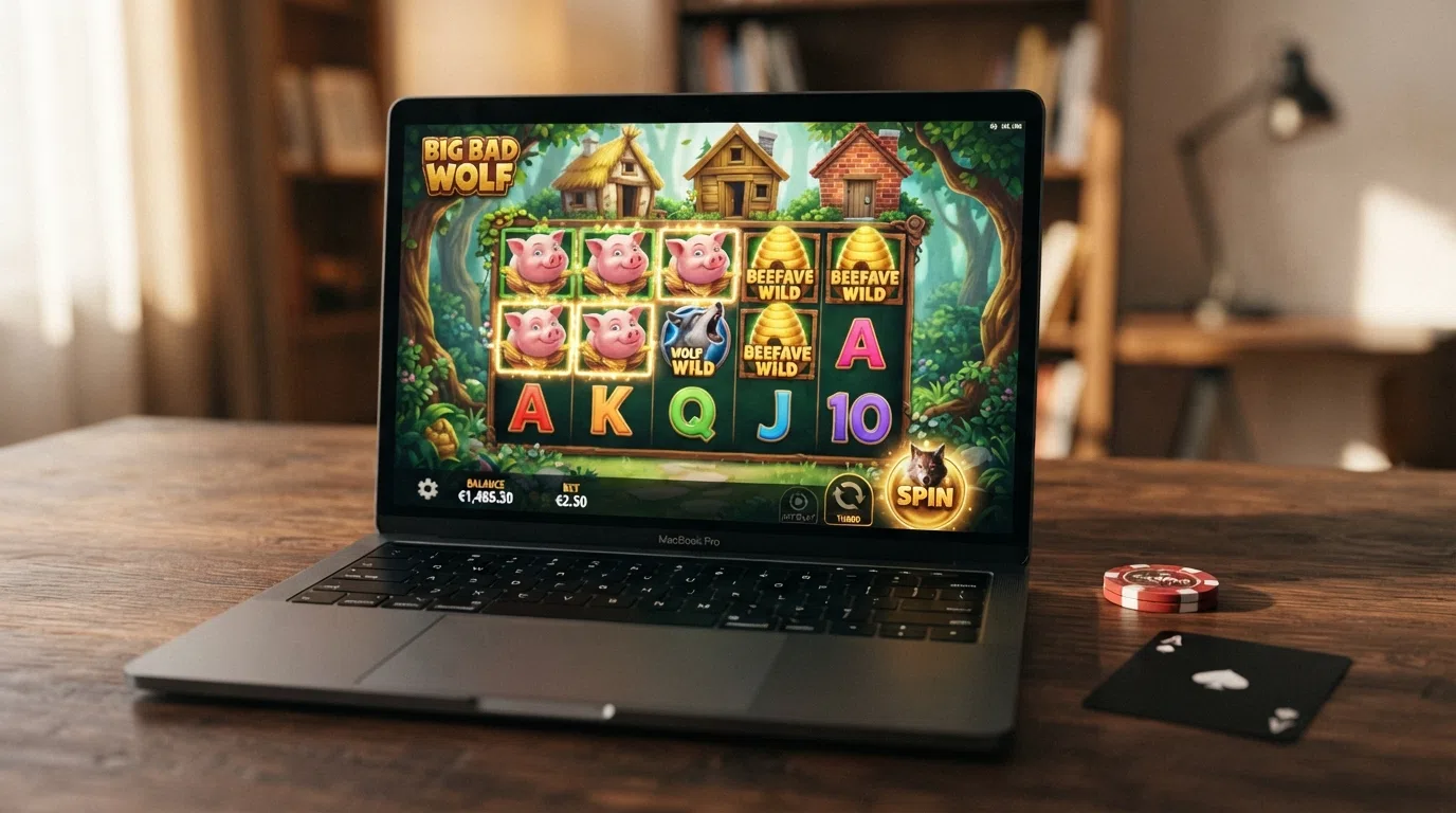 Het speelscherm van de Big Bad Wolf gokkast met het sprookjesbos en de drie biggetjes op de rollen