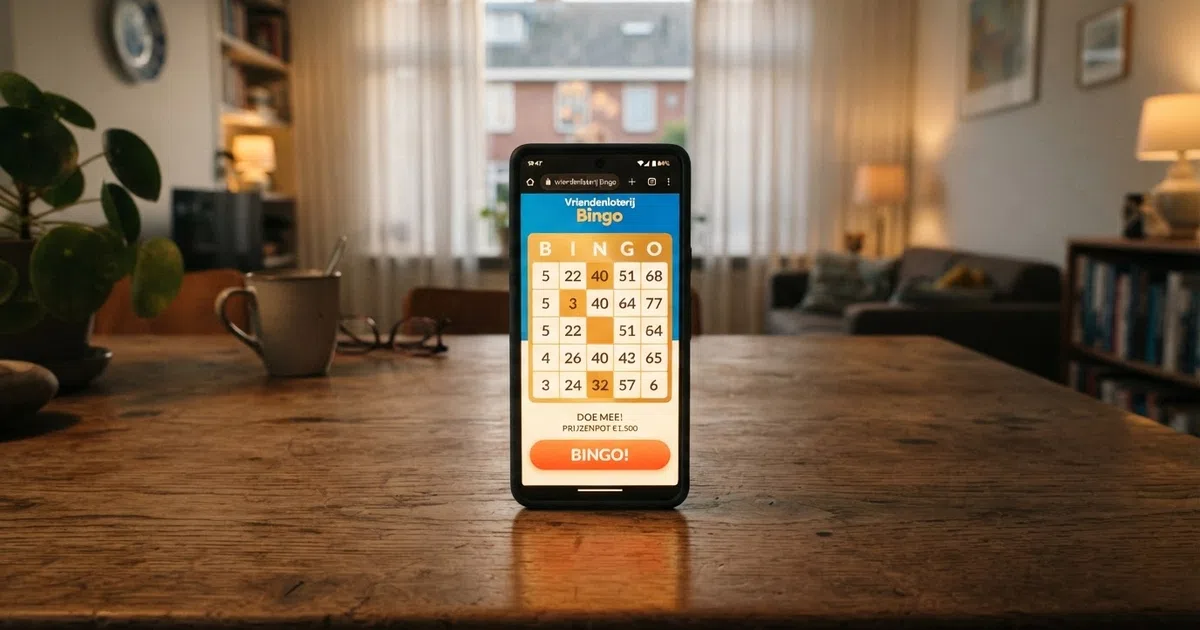 Een Nederlandse online casino-interface met bingokaarten in beeld, genummerde ballen en een 'BINGO'-knop op een helder scherm
