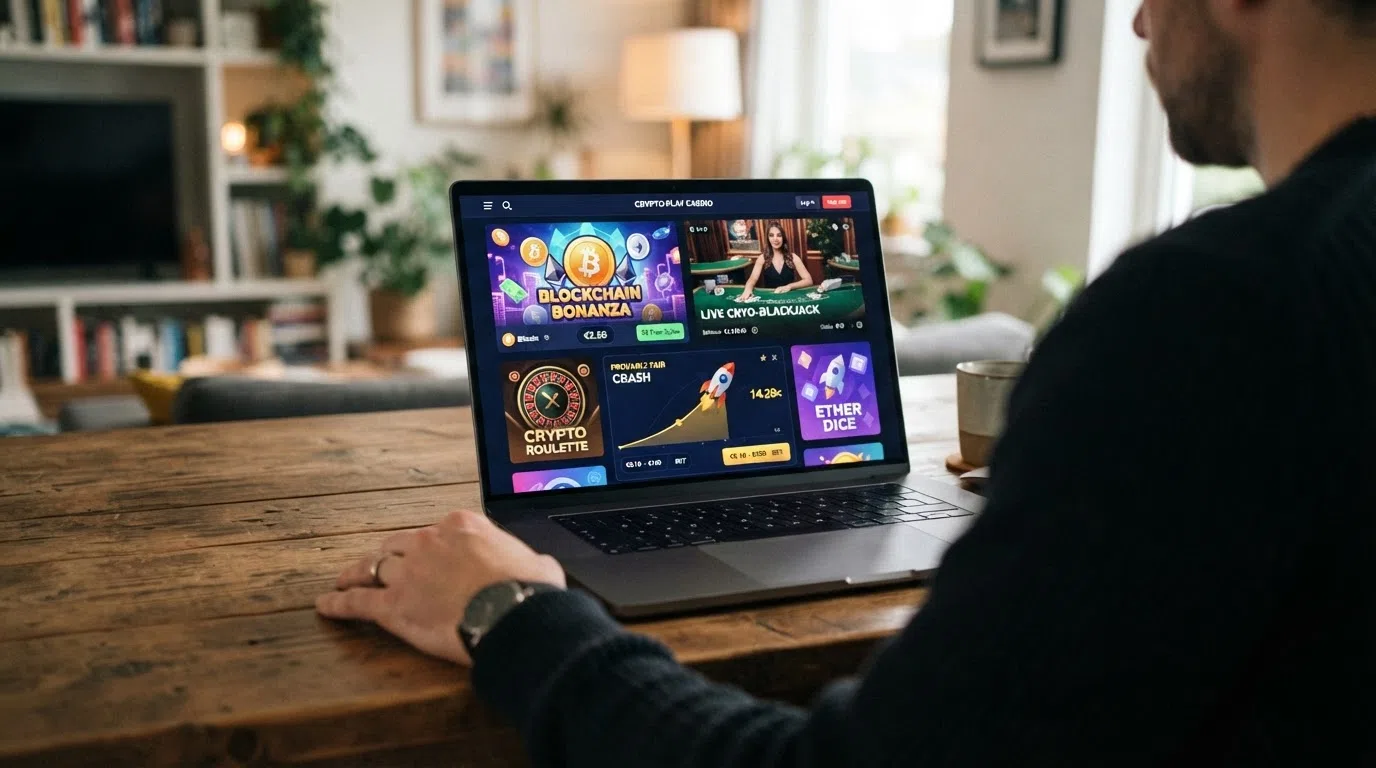 Een grid van crypto casino spellen: een slot met bitcoin-thema, een live blackjack-tafel met dealer, en een provably fair Crash-spel met stijgende multiplier-lijn