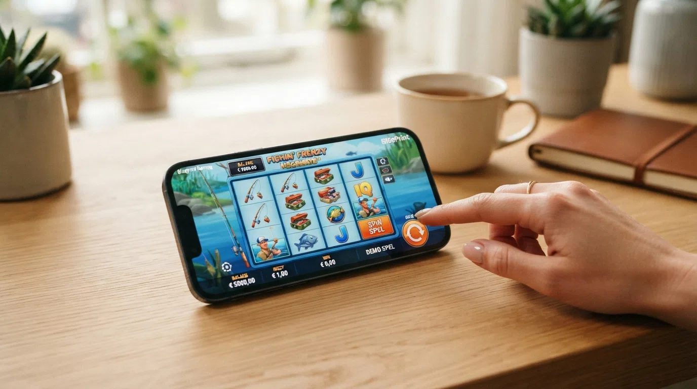 Een screenshot van een BluePrint-slot in demo-modus met speelgeld-tegoed en de spelknoppen zichtbaar op een smartphonescherm