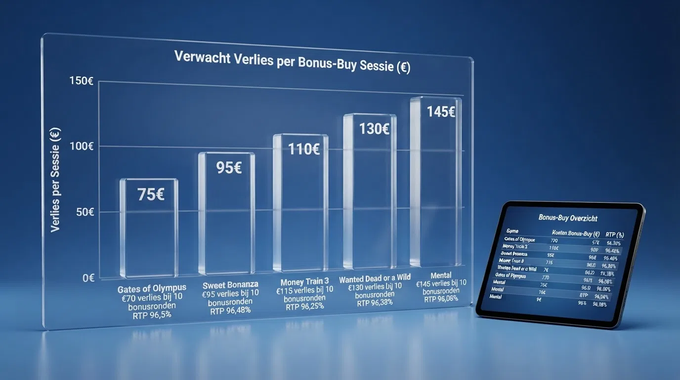 Een visueel overzicht van bonus-buykosten per titel met RTP en verwacht verlies per aankoop