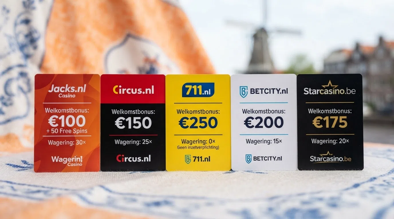 Vijf mobiele bonuskaarten met oplopende bonusbedragen van €100 tot €250, gesorteerd op inzetvereiste van 0× tot 30×, op een Nederlandse casino-achtergrond
