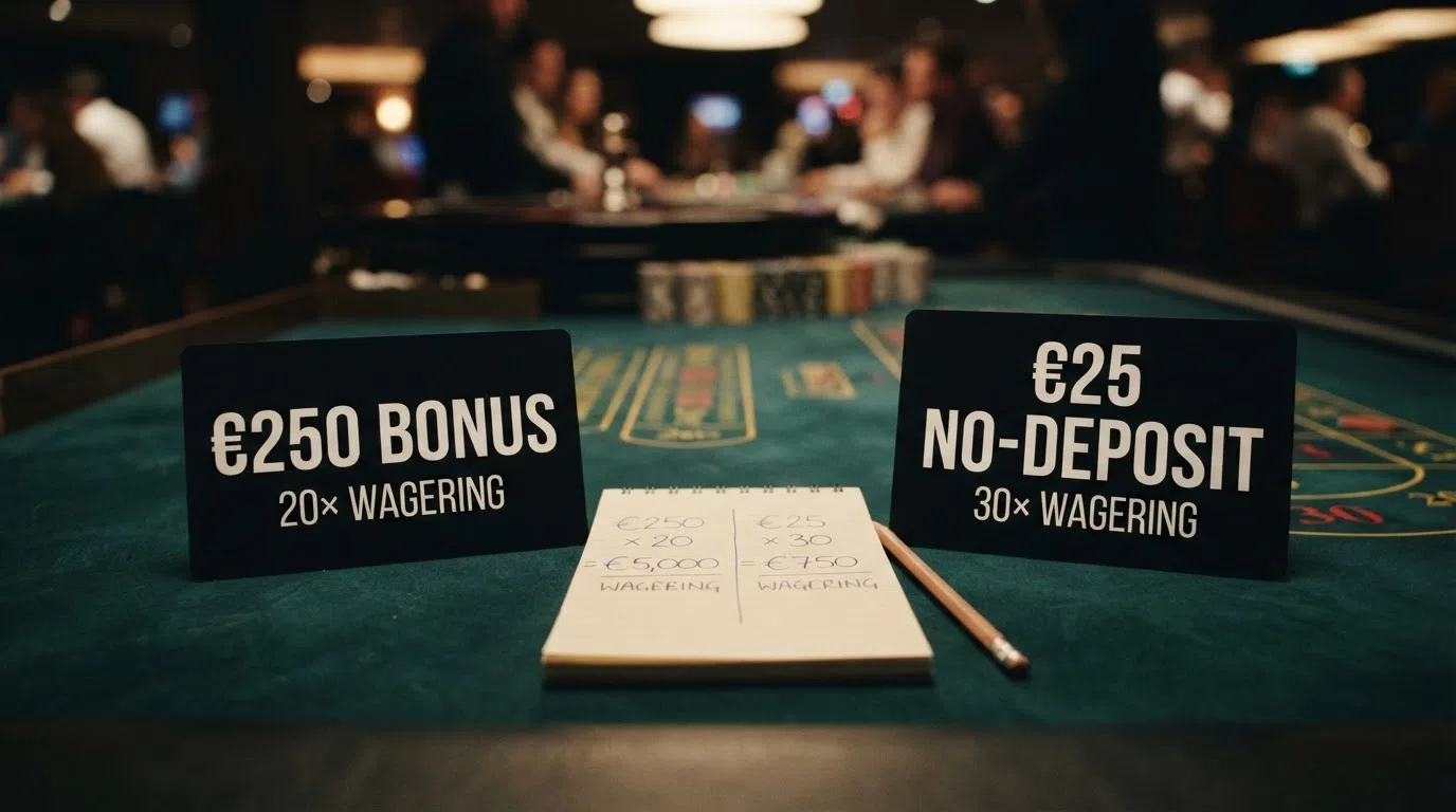 Een close-up van twee bonusaanbiedingen naast elkaar: “€250 bonus, 20x wagering” versus “€25 no-deposit, 30x wagering”, met een rekenmachine die het nettoresultaat toont