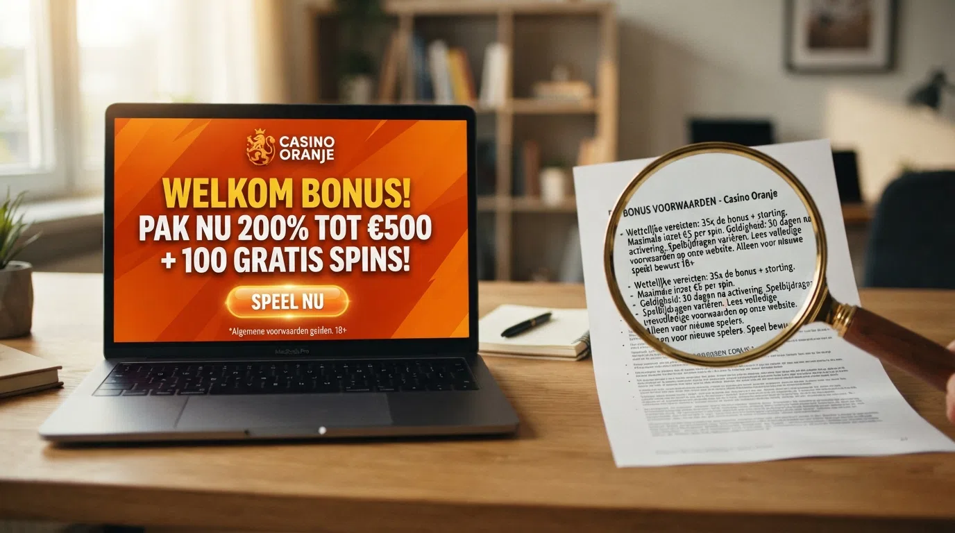 Een splitscreen met aan de ene kant een grote welkomstbonus-banner en aan de andere kant een vergrootglas boven de kleine lettertjes van de bonusvoorwaarden