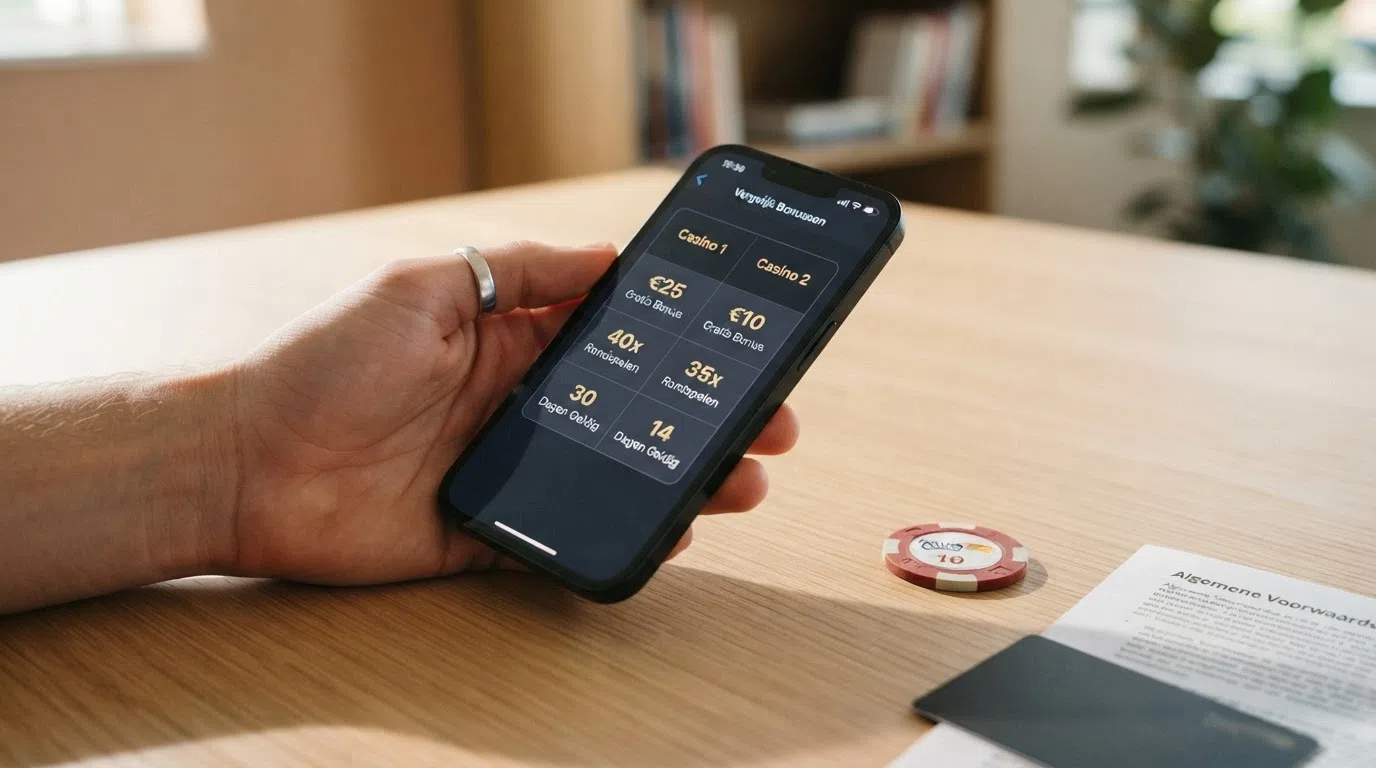 Een vergelijkend overzicht van de no deposit bonussen van Kansino (€25) en One Casino (€10) met hun rondspeelvoorwaarden en geldigheidstermijnen