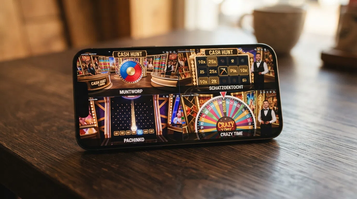 Een split-screen van de vier Crazy Time bonusspellen: Coin Flip, Cash Hunt, Pachinko en het Crazy Time rad