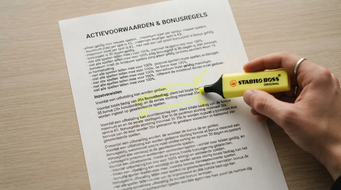 Een uitvergroot bonusvoorwaarden-document met een markeerstift over de inzetvereiste-paragraaf