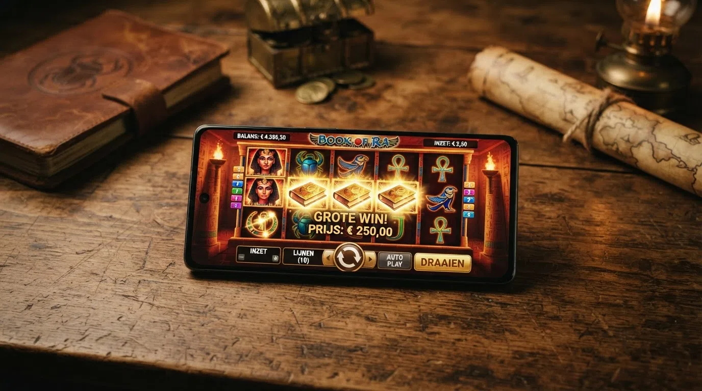 Het Book of Dead-spelvenster op een smartphone, met de vijf rollen en de Rich Wilde-avatar zichtbaar