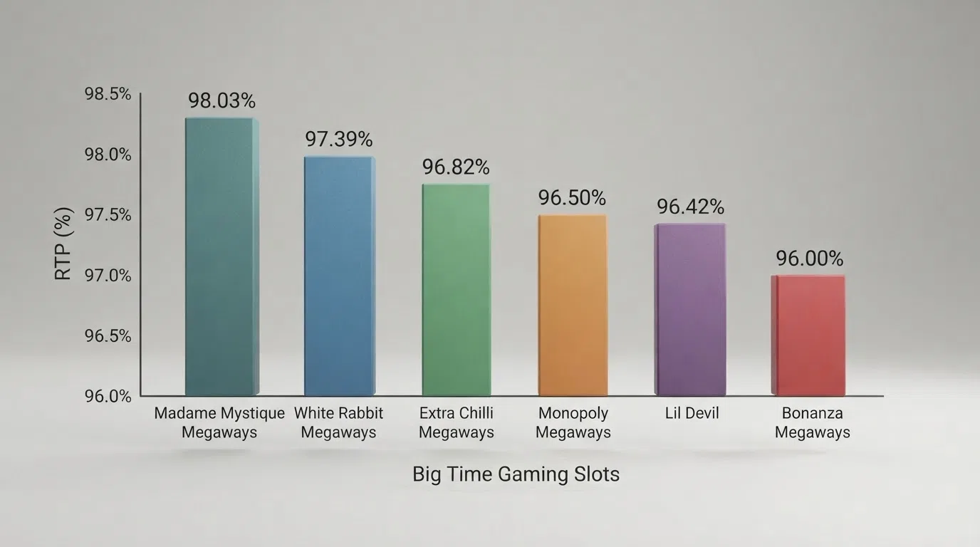 Een grid van zes Big Time Gaming slots met hun RTP-percentages zichtbaar: Madame Mystique, White Rabbit, Extra Chilli, Lil Devil, Bonanza en Danger High Voltage
