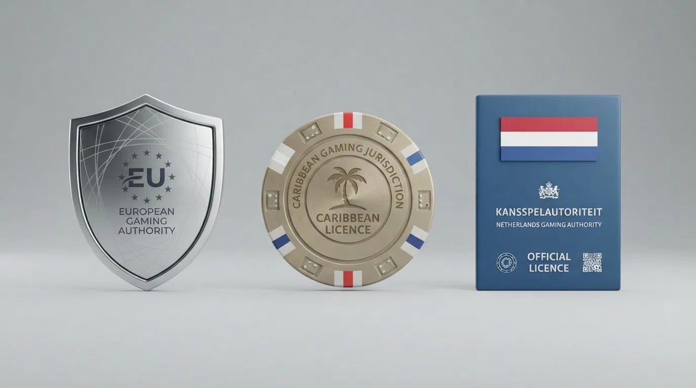 Drie licentiedocumenten of keurmerken naast elkaar: MGA, Curaçao OGL en KSA — met de Nederlandse vlag als visuele scheidslijn