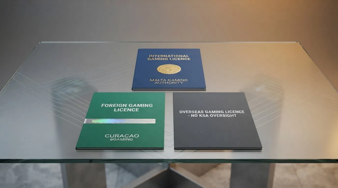 Documenten en zegels van buitenlandse kansspelautoriteiten — een Curaçaose GCB-vergunning naast een stempel uit Costa Rica, met de KSA als schaduw op de achtergrond