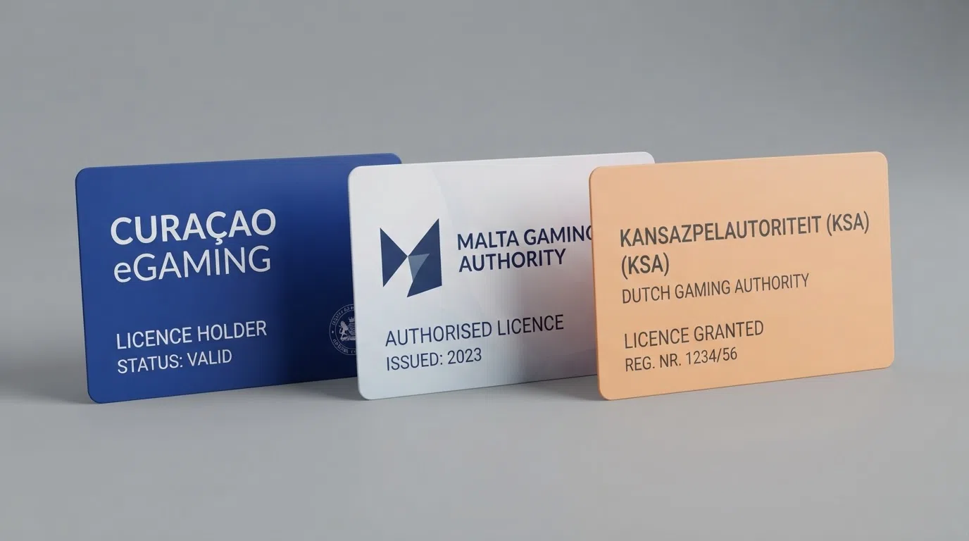 Een close-up van verschillende kansspelvergunningen naast elkaar — Curaçao eGaming, MGA Malta, en een Nederlandse KSA-afbeelding ter contrast