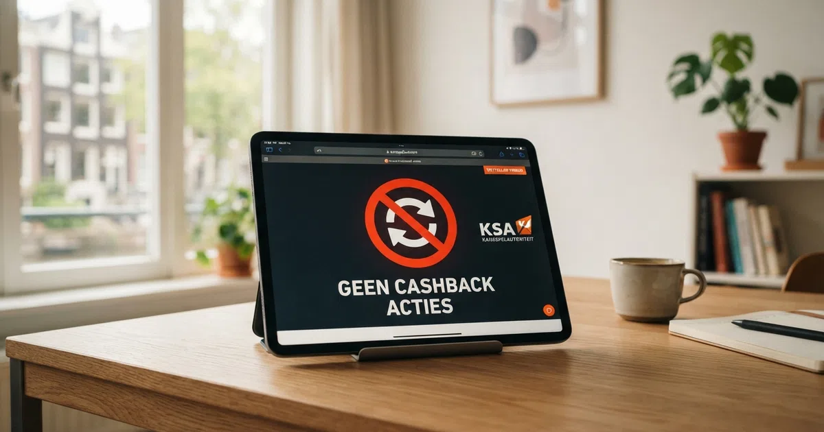 Een doorgestreept cashback-logo op een casinoscherm met het KSA-keurmerk ernaast