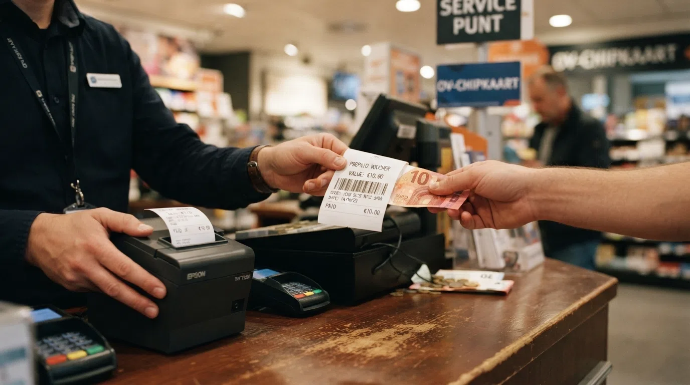 Een hand die contant geld overhandigt bij een retailkiosk, met een CashtoCode-voucher die wordt geprint — het aankoopproces in beeld