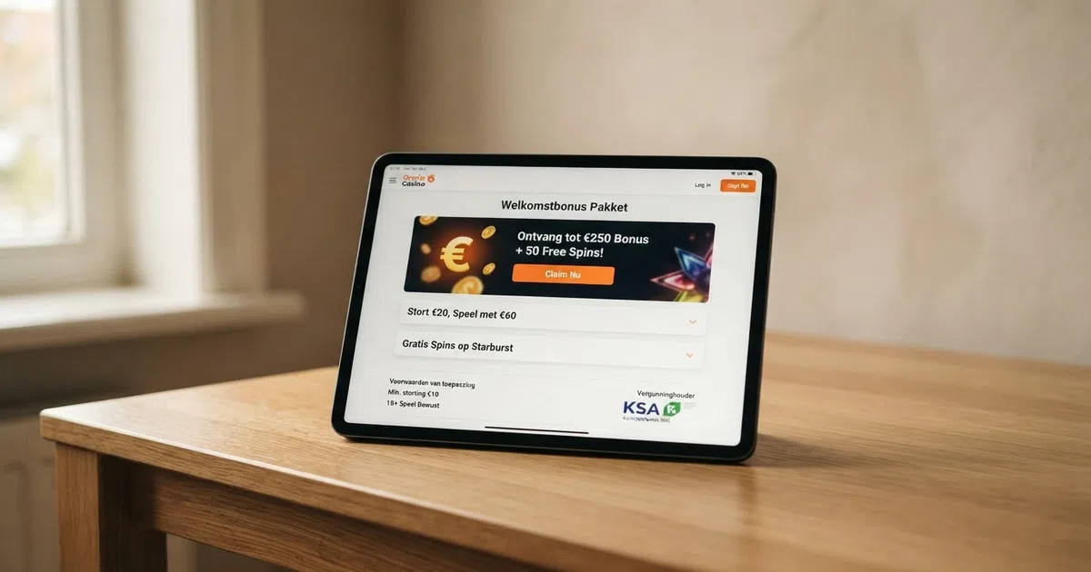 Een overzichtspagina van een Nederlands online casino met bonusvoorwaarden en een KSA-keurmerk in beeld