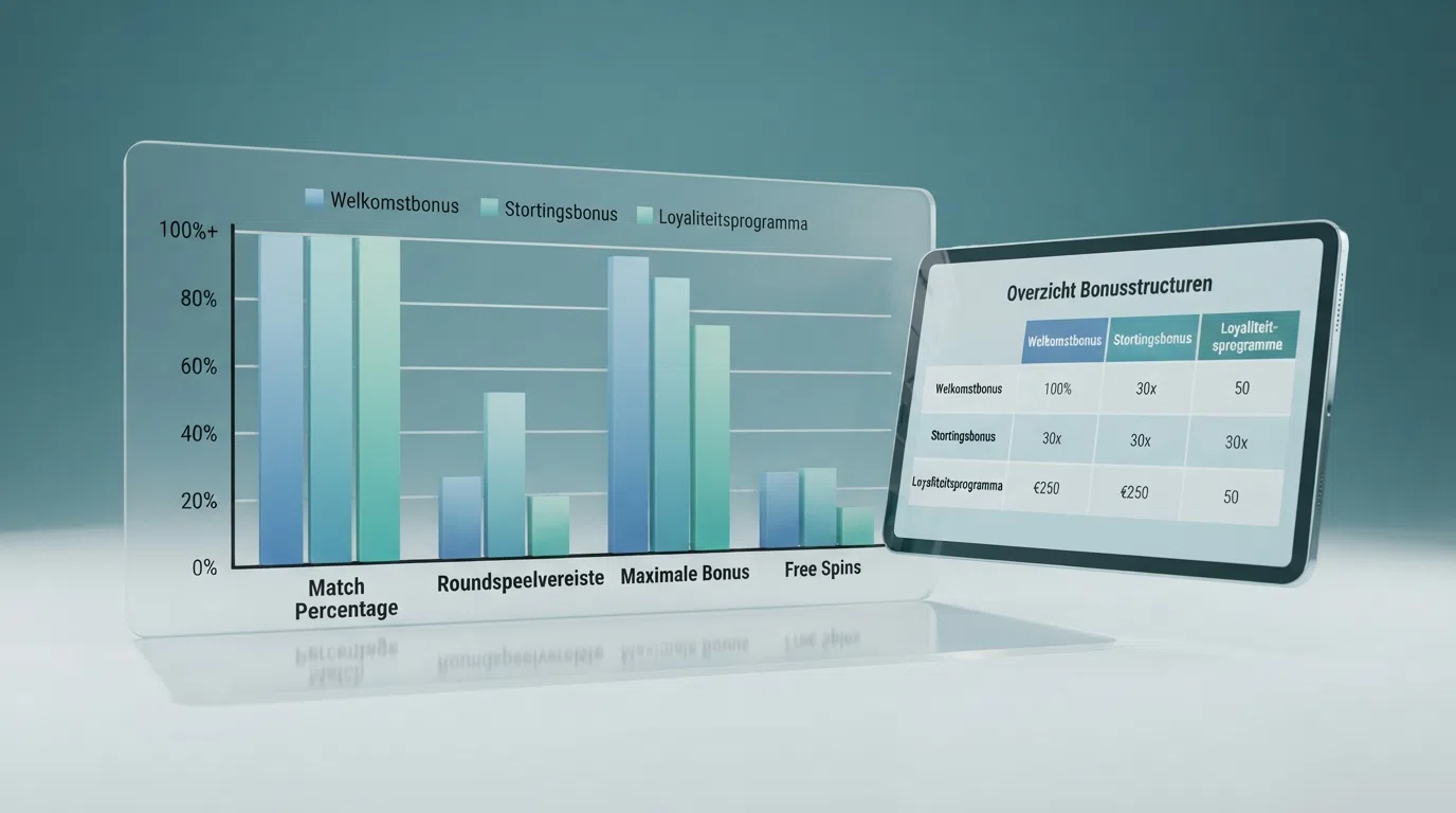 Een vergelijkingstabel met Nederlandse online casino's, hun welkomstbonussen en rondspeelvereisten