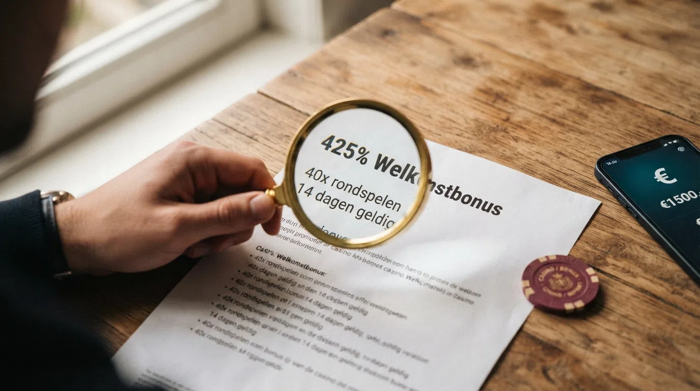 Een uitvergroot bonusbedrag met een vergrootglas dat de kleine lettertjes eronder zichtbaar maakt — wagering, geldigheid en inzetvoorwaarden