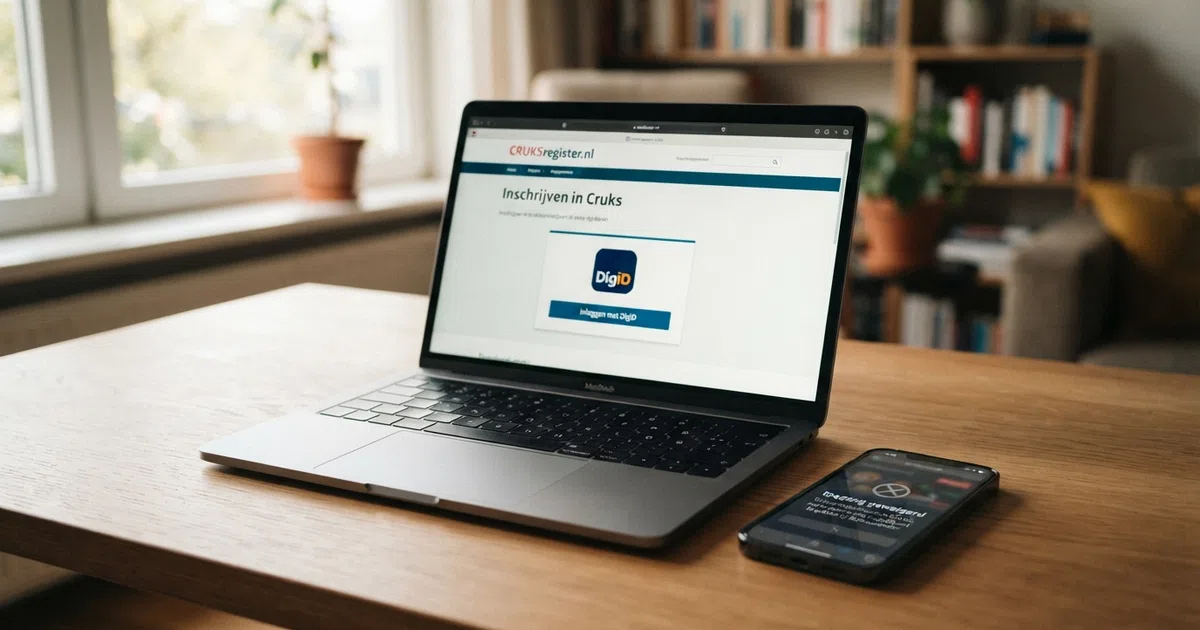 Een laptopscherm met de CRUKS-inschrijfpagina van cruksregister.nl, met daarnaast een smartphone die een casino-app toont met een toegang-geweigerd-melding
