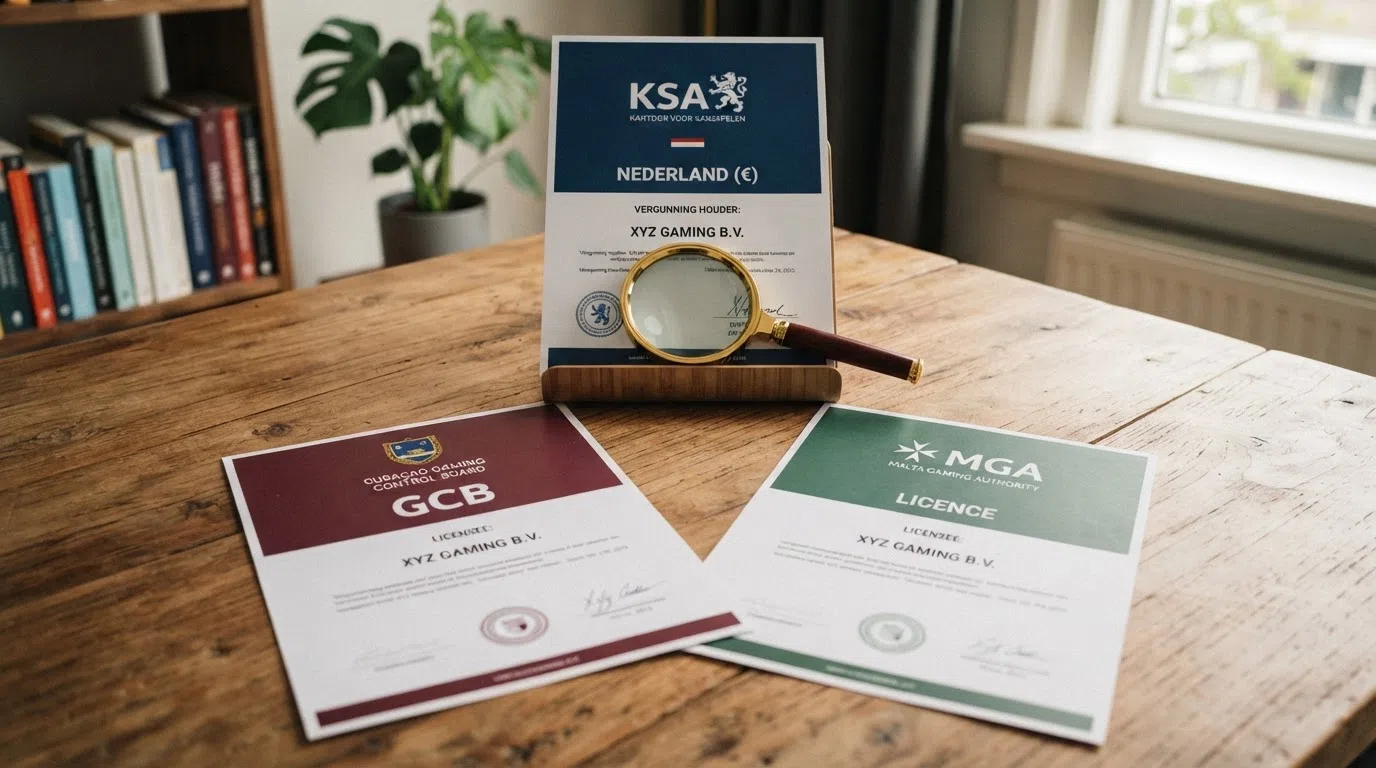 Documenten met stempels van verschillende kansspelautoriteiten: KSA, Curaçao GCB en Malta MGA naast elkaar