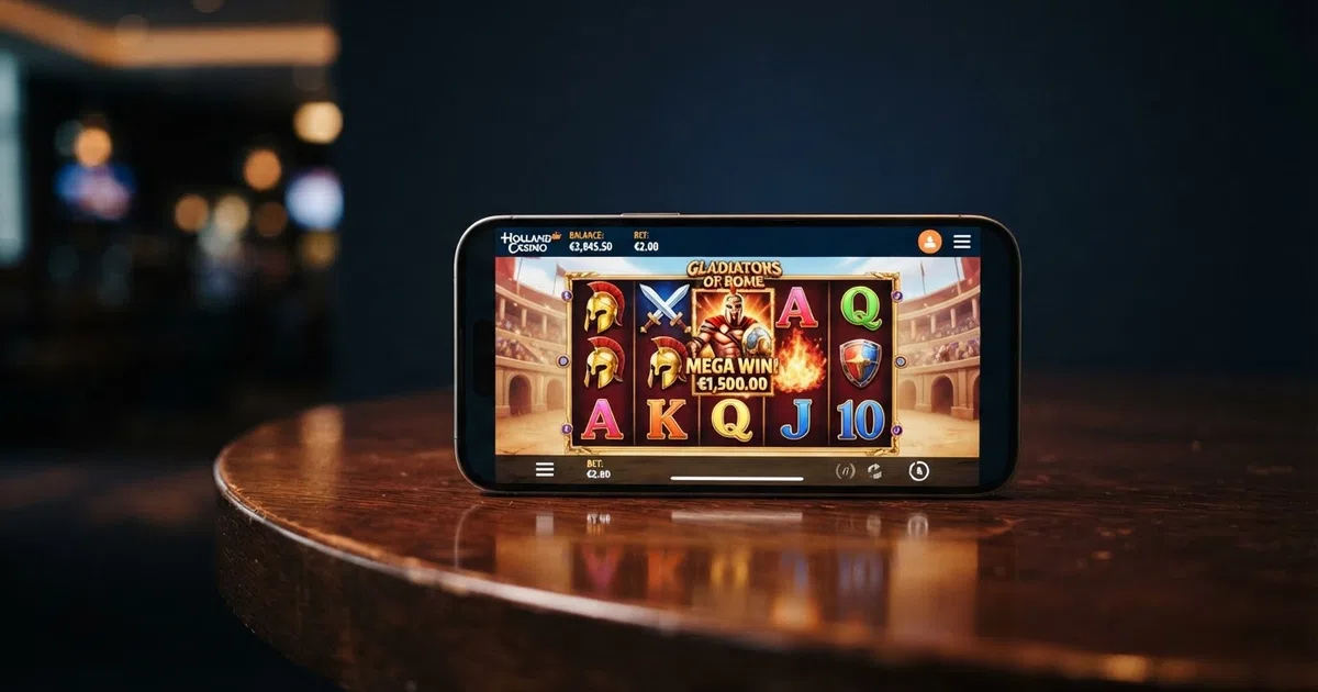 Het logo van Holland Casino Online op een donkere achtergrond met de KSA-vergunning en het keurmerk Veilig Spelen zichtbaar