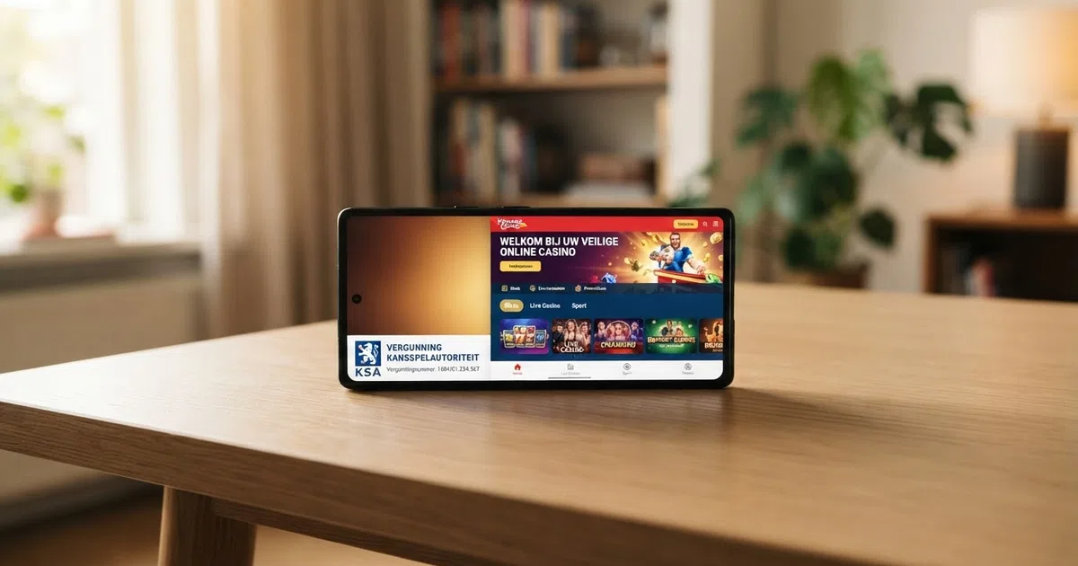 Een smartphone toont de homepage van een online casino met linksonder het KSA-keurmerk en de vermelding “Vergunning Kansspelautoriteit” duidelijk zichtbaar op het scherm