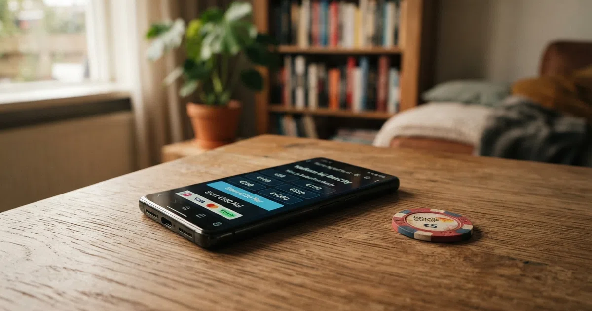 Een smartphone met een Nederlands online casino op het scherm, naast een euro-muntstuk op een tafel — het scherm toont een stortingspagina met iDEAL als betaalmethode