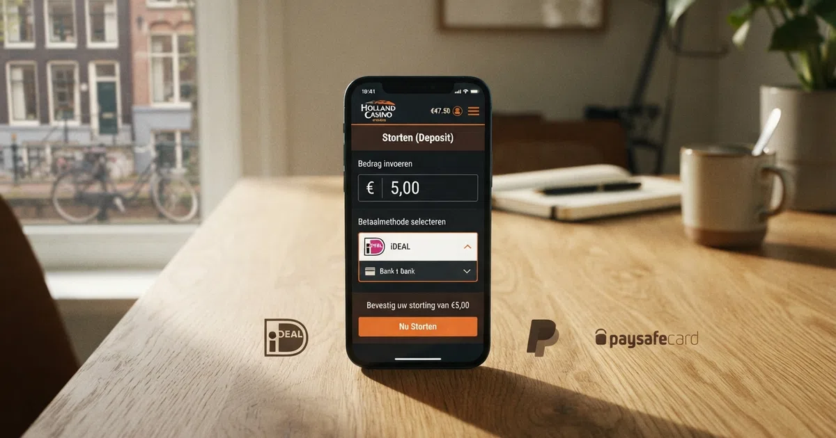 Een dashboard van een Nederlands online casino met een stortingsscherm waarop €5 als bedrag is ingevuld, naast de logo's van iDEAL en andere betaalmethoden
