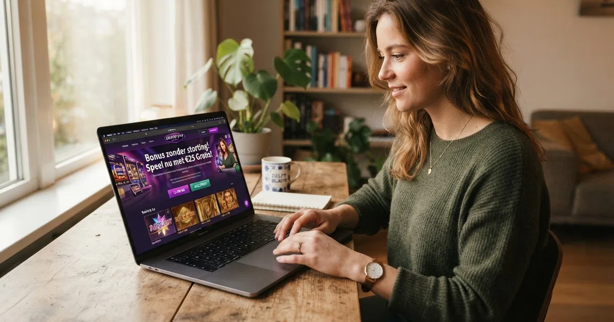 Een Nederlandse speler bekijkt op een laptop het bonusoverzicht van een online casino met de tekst “Bonus zonder storting” in beeld