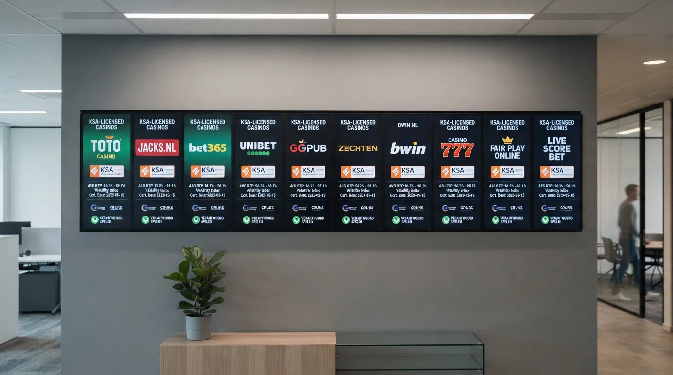 Tien Nederlandse online casino-logo's naast elkaar met een KSA-keurmerk en RTP-gerelateerde kenmerken in een vergelijkingsopstelling