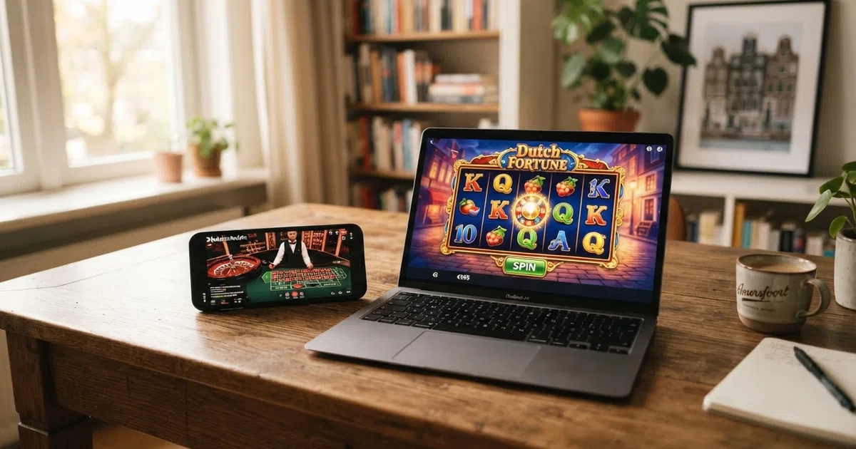 Een laptop en smartphone naast elkaar met daarop het speelscherm van verschillende gratis online casino spellen
