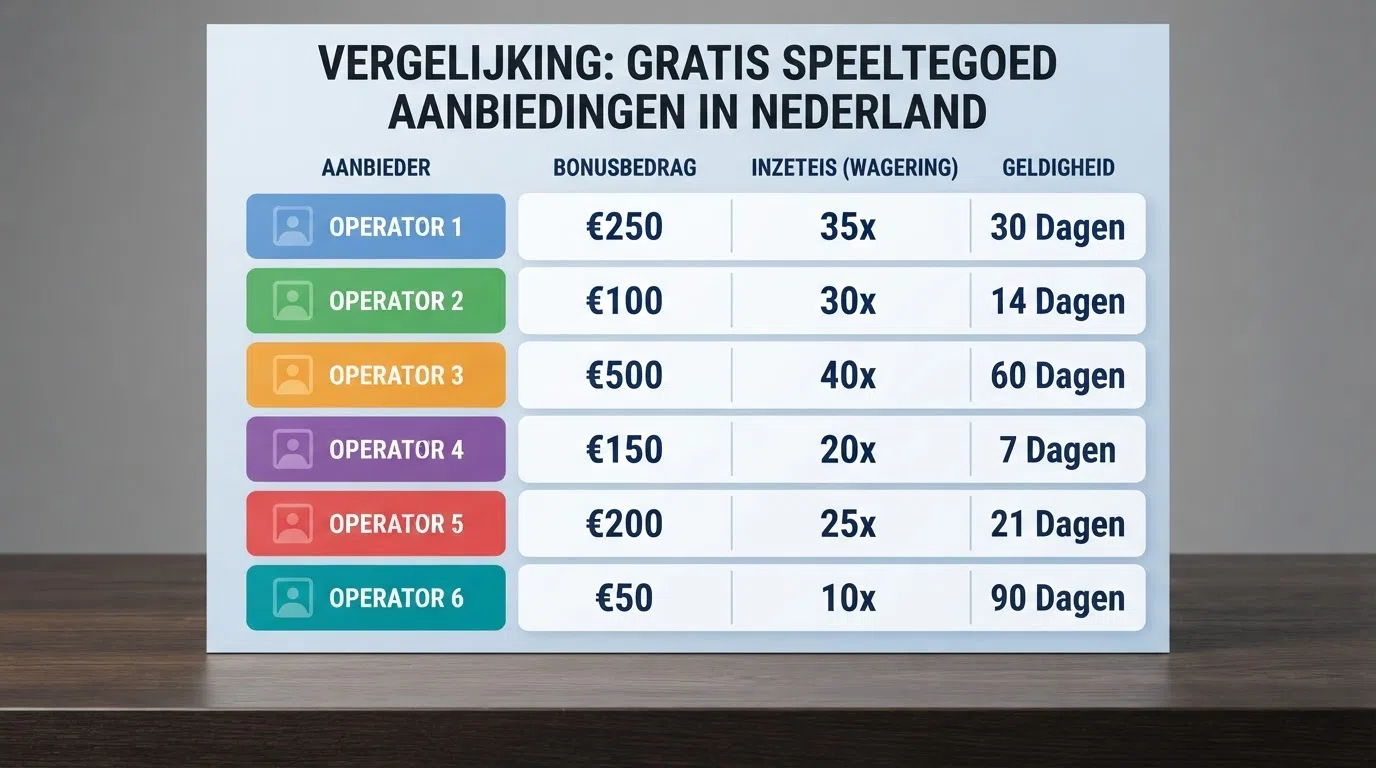 Een overzichtelijke vergelijkingstabel met casino-logo's naast kolommen voor bonusbedrag, rondspeelvoorwaarden en geldigheidsduur — de Kansino-rij bovenaan met 'geen storting' gemarkeerd.
