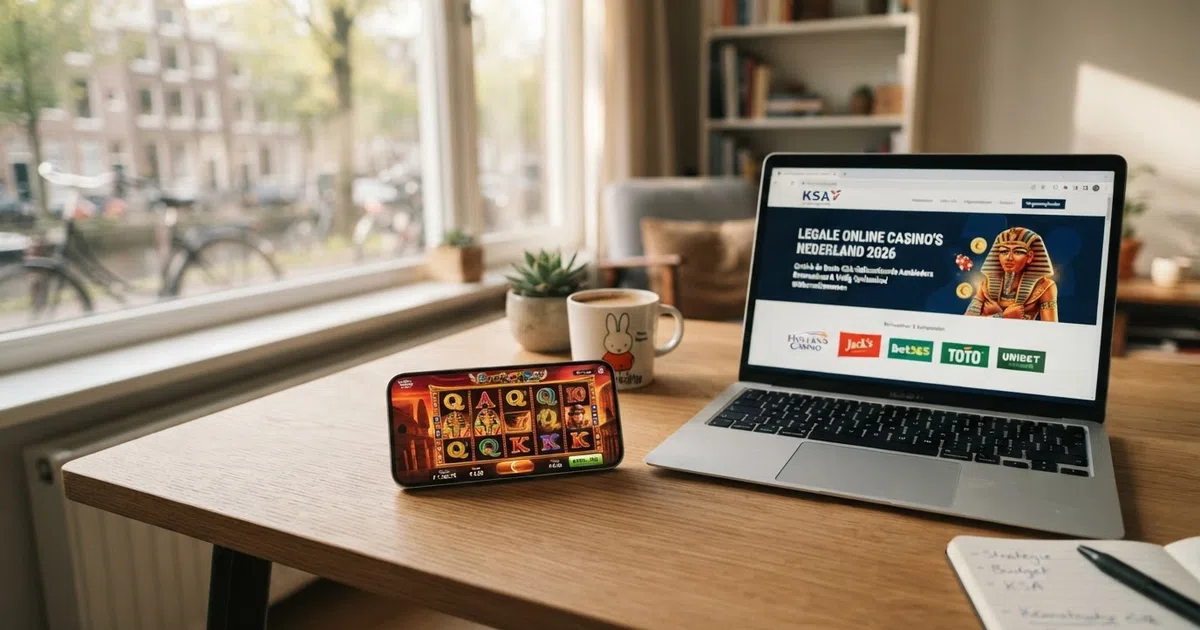 Een overzicht van KSA-vergunde casino-logo's en hun aanbiedingen op een scherm, met een smartphone die de aanbiedingenpagina toont