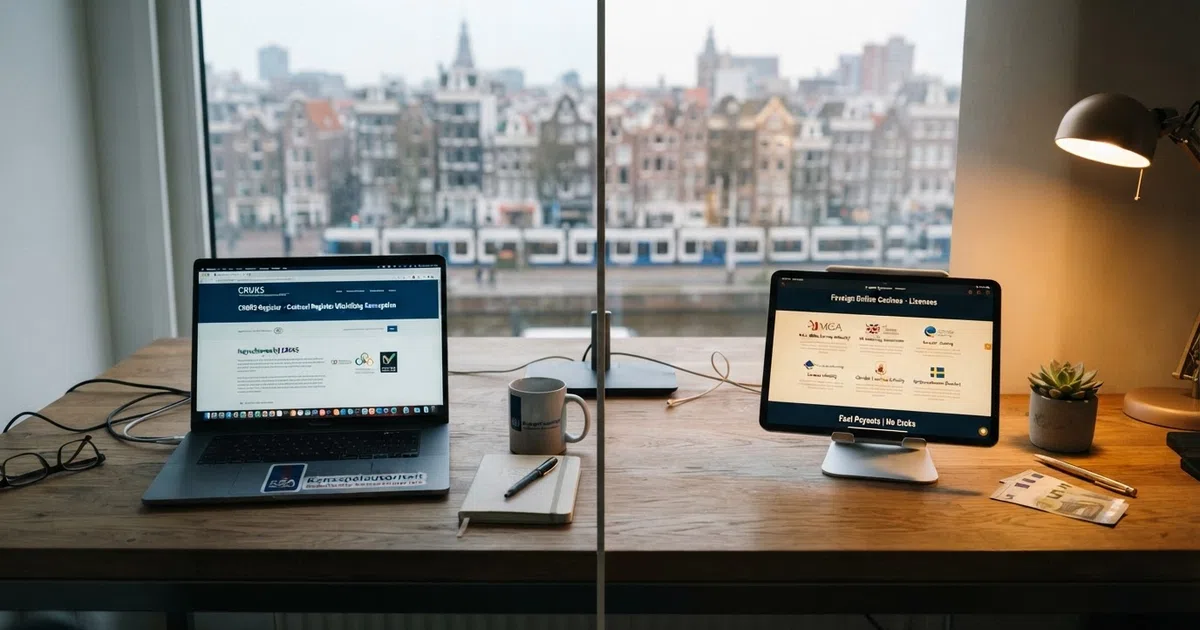 Een split-screen met links het logo van de Kansspelautoriteit en het Cruks-register, rechts een rij buitenlandse casino-licenties (Curaçao, MGA, Anjouan) — een visuele uitleg van het fundamentele onderscheid