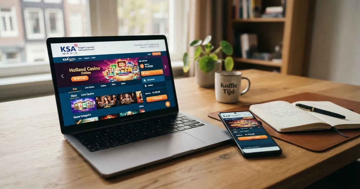Een laptop en smartphone met daarop de homepage van een legaal Nederlands online casino, met een KSA-keurmerk en een uitbetalingsknop in beeld