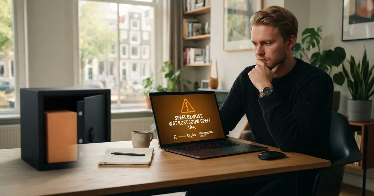Een Nederlandse speler kijkt naar een laptopscherm met een waarschuwingssymbool; op de achtergrond het logo van de Kansspelautoriteit en een slot met een slot — de keuze tussen beschermd en onbeschermd gokken visueel gemaakt